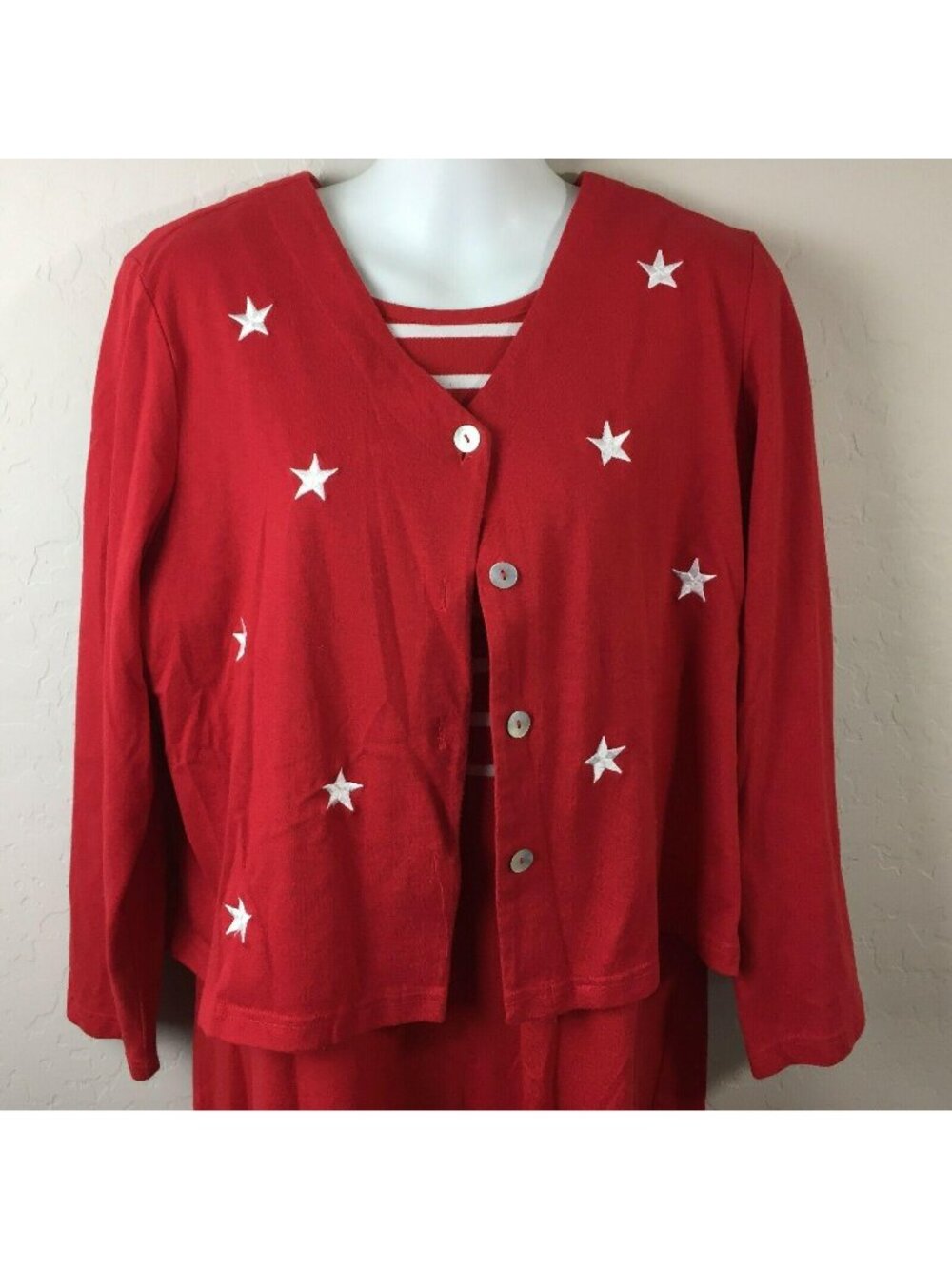 220 Hickory Women's Red Twinset Cardigan Dress Stars Stripes Patriotic Size M